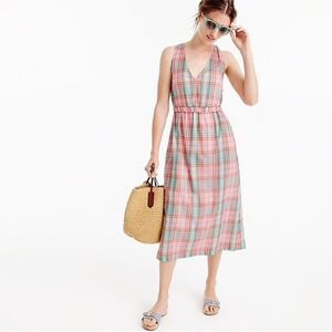 J. Crew Midi Dress in Vintage Pink Plaid Criss-cross Back Summer Women's L NEW